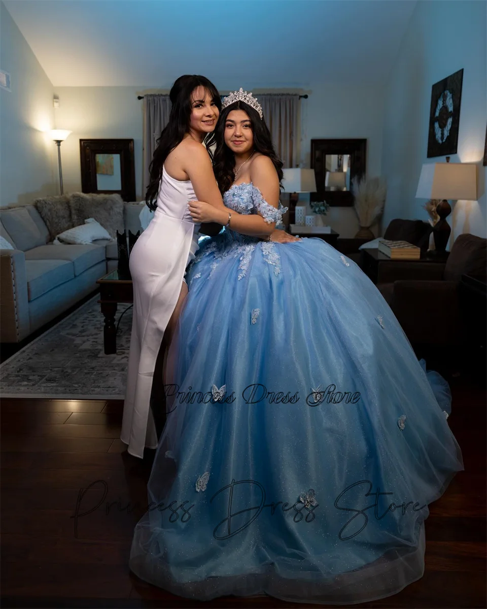 Blue Quinceanera Dresses For Grils Sweet 16 Birthday Party Gown 2024 Mexico Off Shoulder  Backless Prom Vestidos De 15 Años