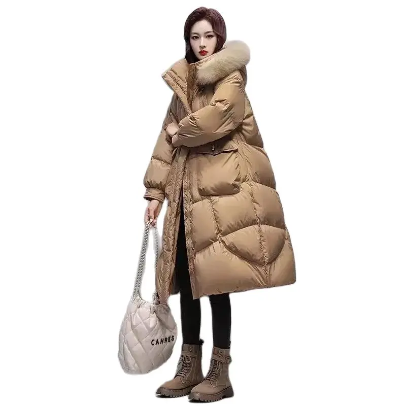 White duck down Jacket Women\'s 2024 New Winter Fox fur collar Warm Thicken Fashion down Coat Female Hooded Parker Long Overcoat