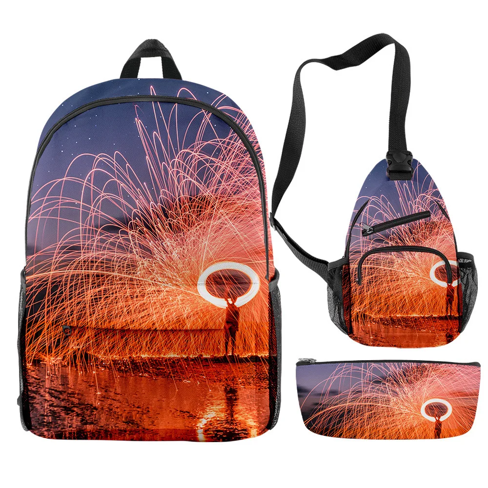 Trendy Youthful Funny Flame aperture 3pcs/Set Backpack 3D Print Bookbag Laptop Daypack Backpacks Chest Bags Pencil Case