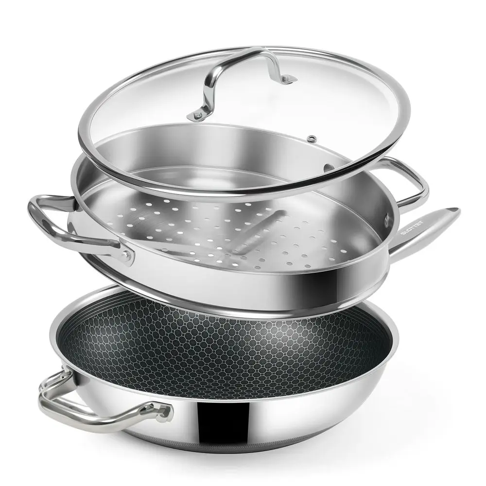

Гибридная 12-дюймовая сковорода-вок с пароваркой, антипригарная сковорода-вок из нержавеющей стали с крышкой, ручка StayCool, посуда без PFOA, подходит для мытья в посудомоечной машине.