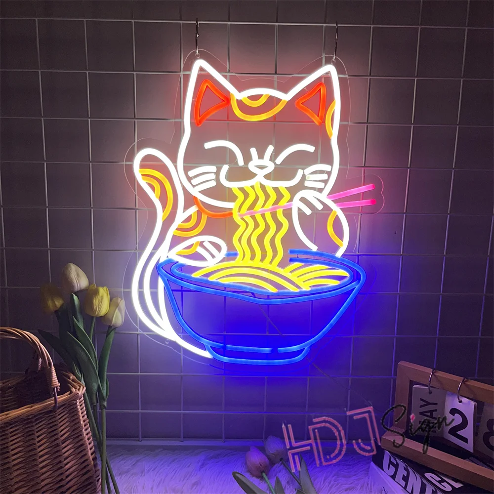 

Fortune Cat Ramen Неоновая вывеска Lucky Cat Noodle Светодиодные неоновые вывески для декора стен Домашний бар Кухня Столовая Настенный художественный декор Подарки