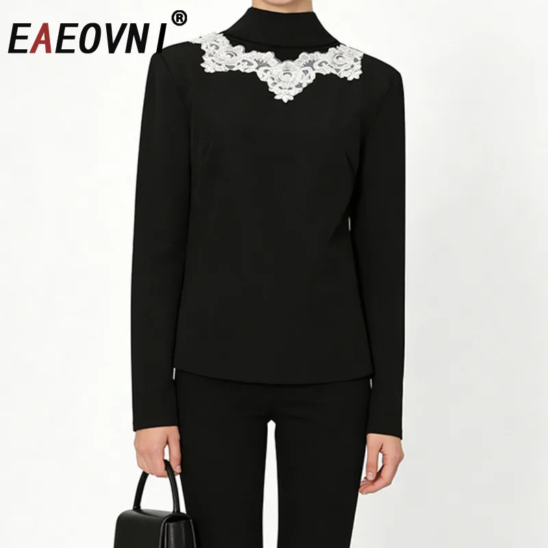 

EAEOVNI Lace Patchwork Women's Blouse Backless Stand Collar Long Sleeve Fashion Pullover Tops Casual 2026 Spring New Clothing