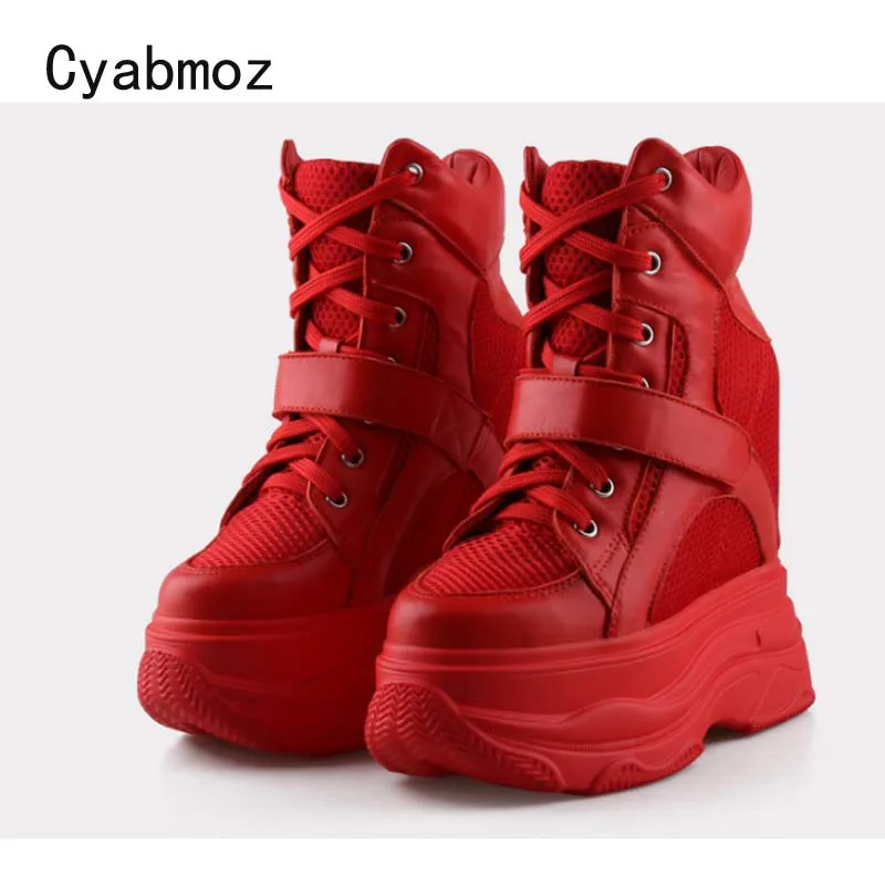 Women High Top Breathable Sneakers Comfortable High Heels Invisibly Height Increasing 14CM Red Wedges Pumps High Platform Shoes