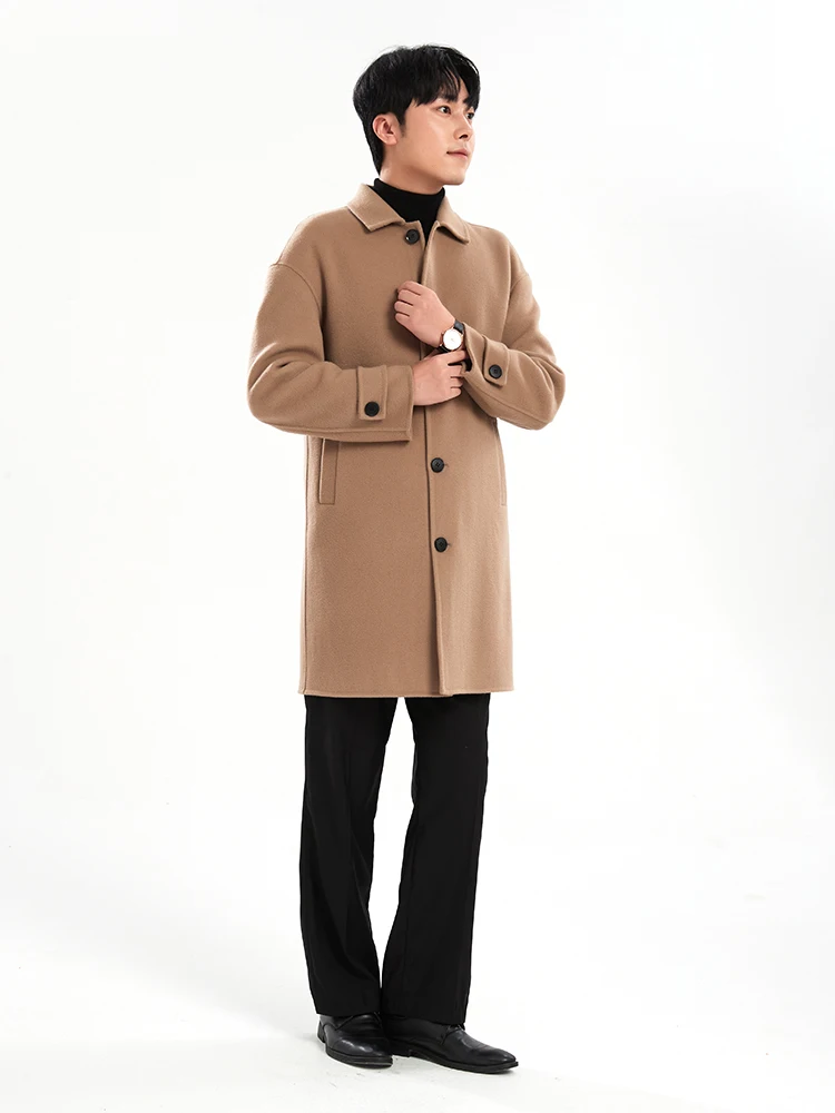 Winter New Men's Long-Cut Coat 100% Pure Wool Polo Collar Buckle Coat Trendy Men's Jacket Top Thick and Comfortable All-Matching