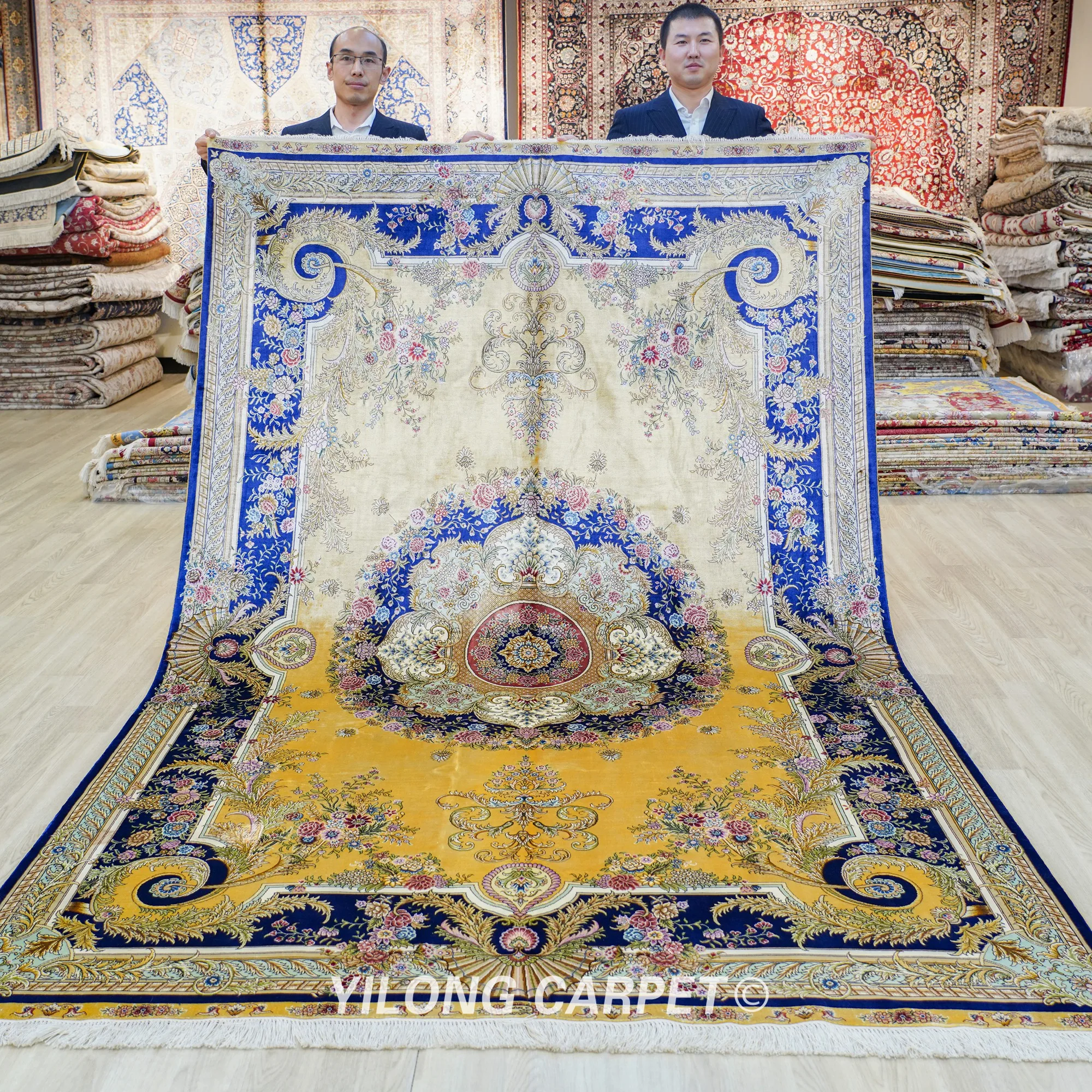 183x274cm Hand Knotted Persian Carpets Yellow and Blue Classic Oriental Silk Rug (TJ462A)