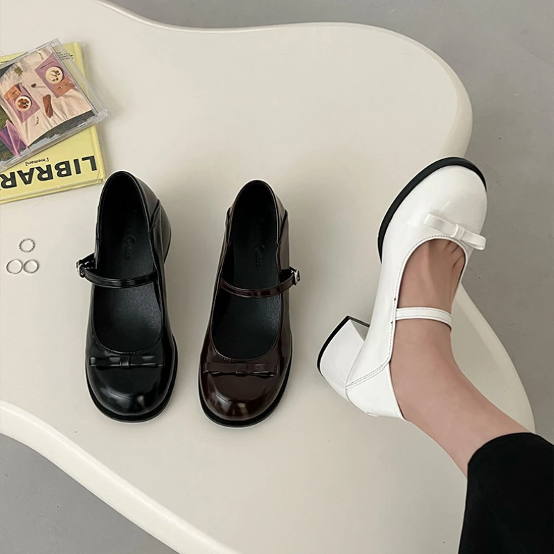 Woman Pu Leather Soft Bottom Platform Loafers Female Autumn New Thick Heels Oxfords Shoes Women Bows Slip on Brown Chunky Pumps