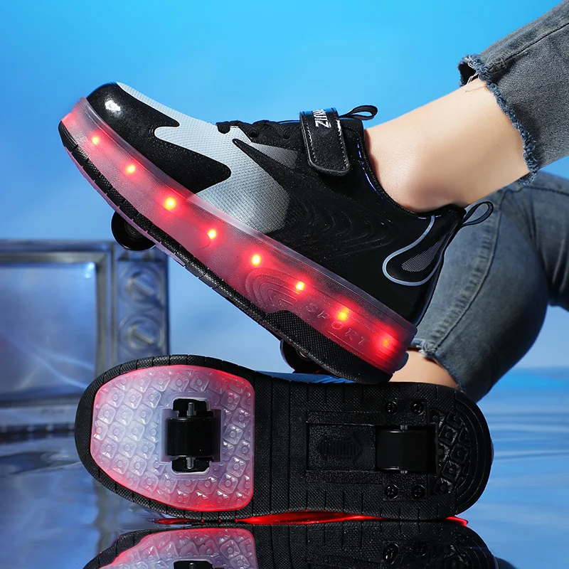 Dziecięce trampki podświetlana dioda LED buty Casual chłopięce buty do biegania z podwójne koła ładowaniem USB sportowe buty dziewczęce na rolkach