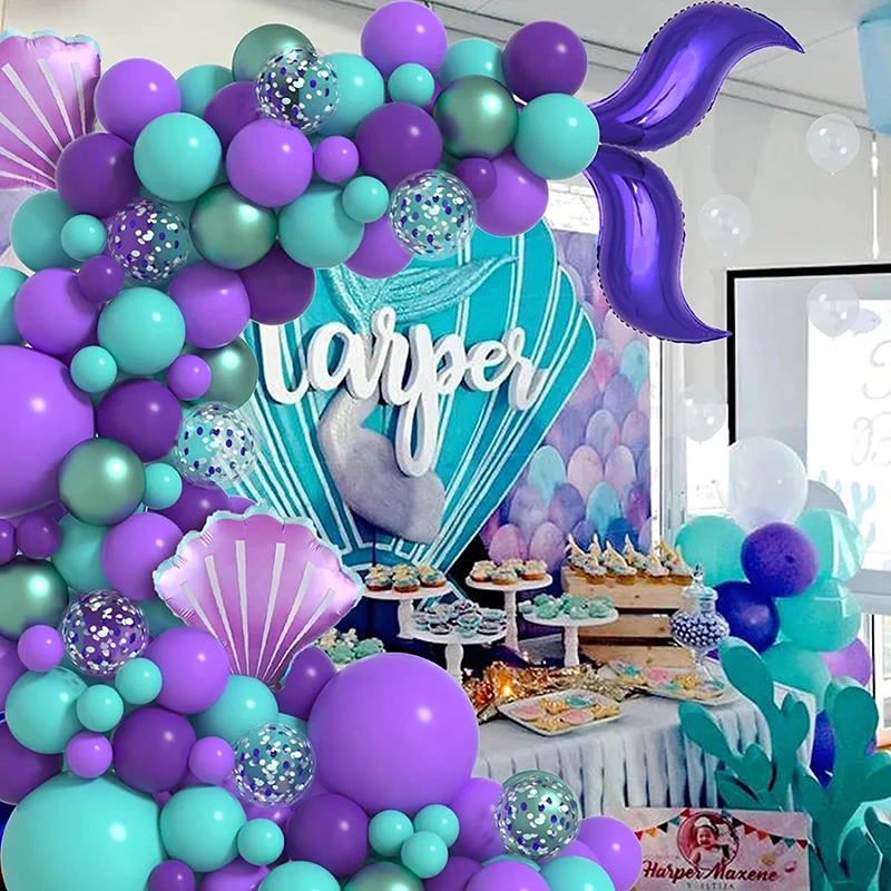 140Pcs Purple Mermaid Theme Shell Balloon Arch Kids Girl Birthday Decoration Baby Shower Under The Sea Mermaid Wedding Supplies