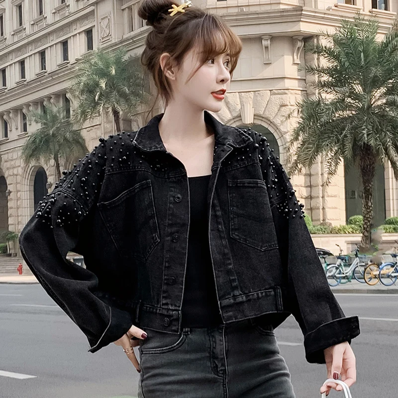 

Black Denim Jacket Women's Loose Fit Short Style Spring Autumn New Fashion Korean Version Versatile Button Detail PU Material