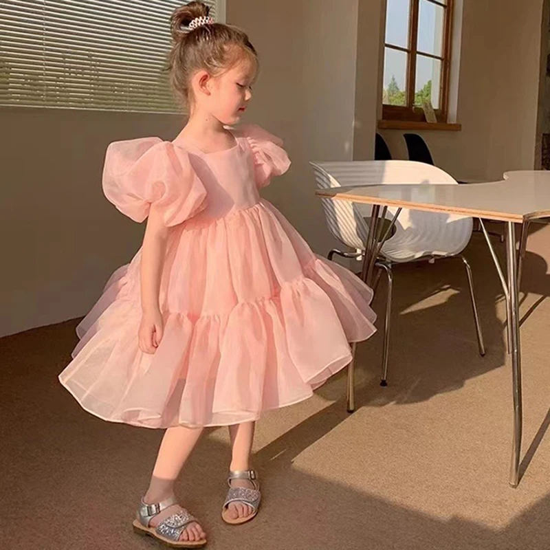 Girls Princess Tulle Dress Summer Puff Sleeve Mesh Fashion Girls Dress Birthday Party Costumes 2 3 4 5 6 7 8 Years Kids Clothes