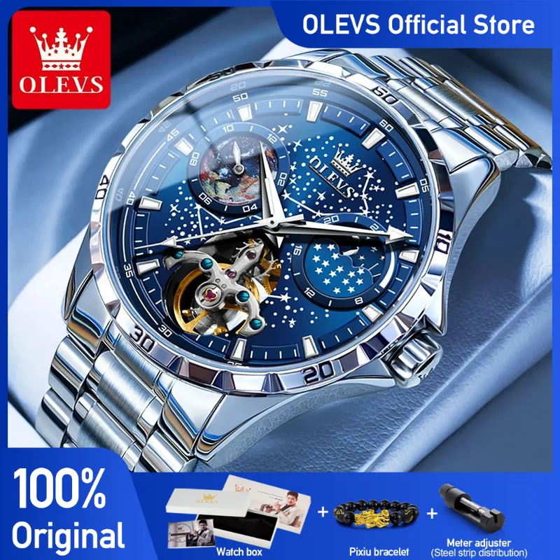 

OLEVS Original Brand Men's Watches Waterproof Multifunctional Luminous Fully Automatic Mechanical Watch Moon Phase Starry Disk