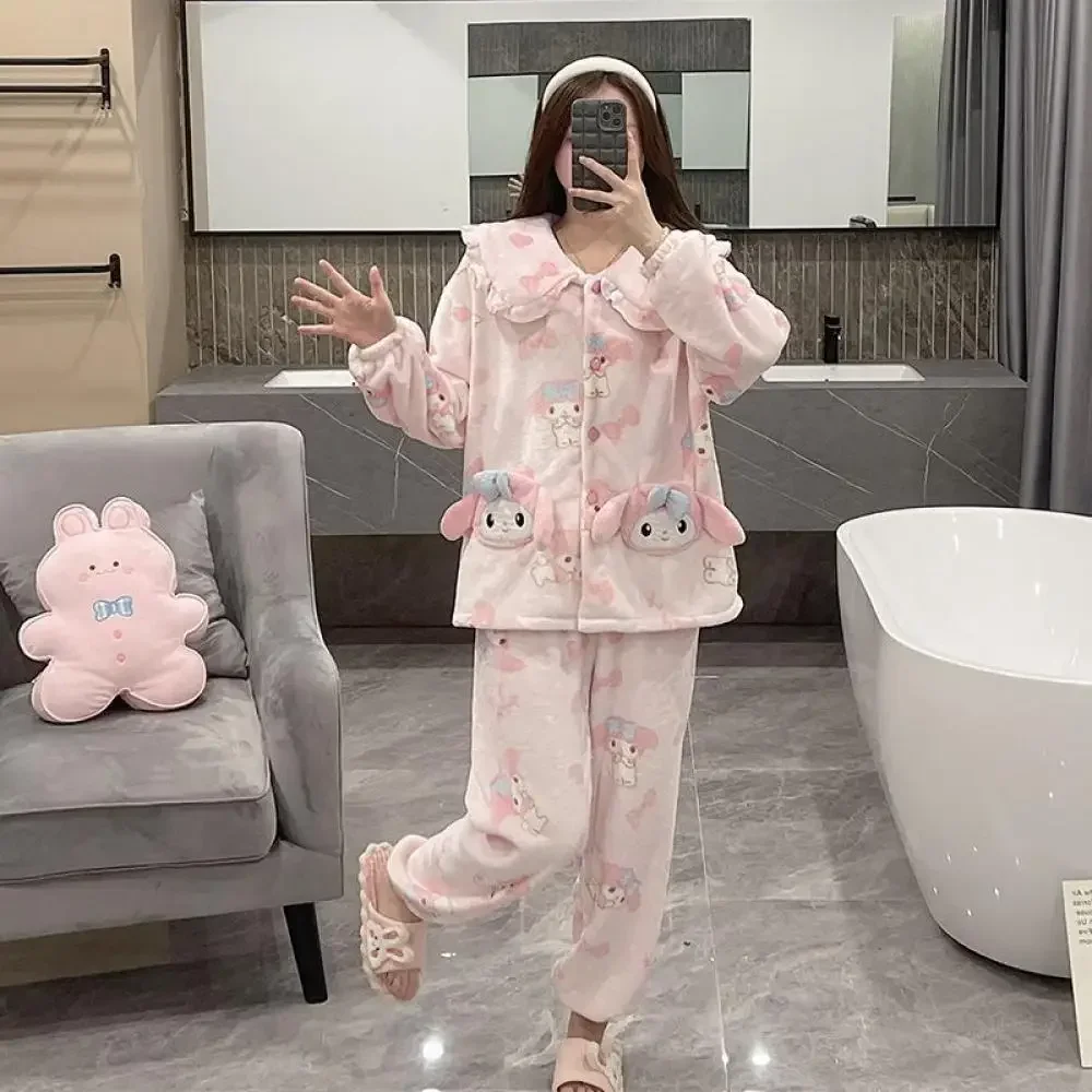 Kawaii Sanrioed 2 قطعة سينامورول منامة دعوى Homewear المرجان الصوف لينة ميلودي سترة بلايز فستان أطفال مع سروال داخلي النساء أفخم ملابس خاصة