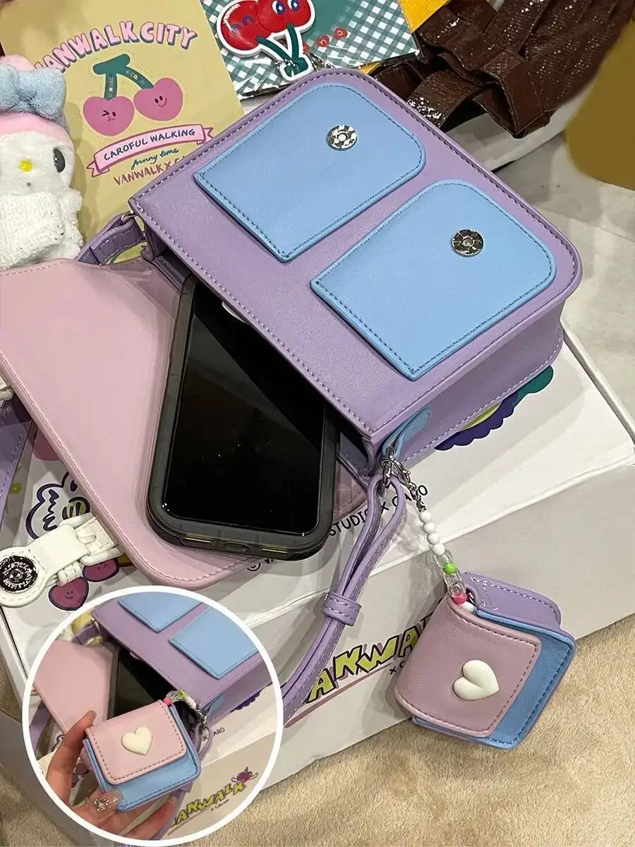 Bloom Haruku Purple Messenger Women Sweet Cool Leather Square Crossbody Bags Ladies Hot Girls Cute Y2k Bag Aesthetic