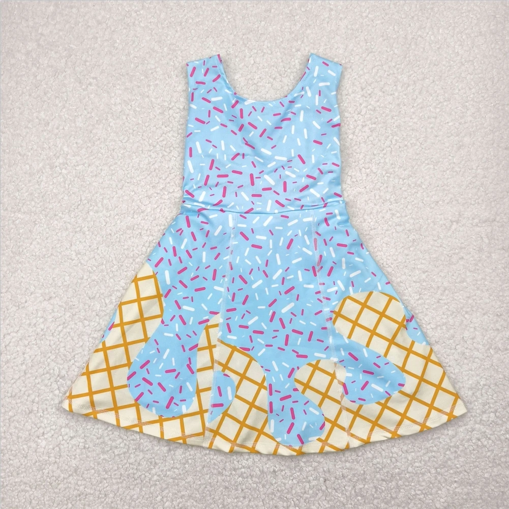 

Hot Sale Active Wear Baby Girls Blue Ice-cream Drip Yoga Zip Ruffle Active Wear Skort Knee Length Girls Athletic Dress