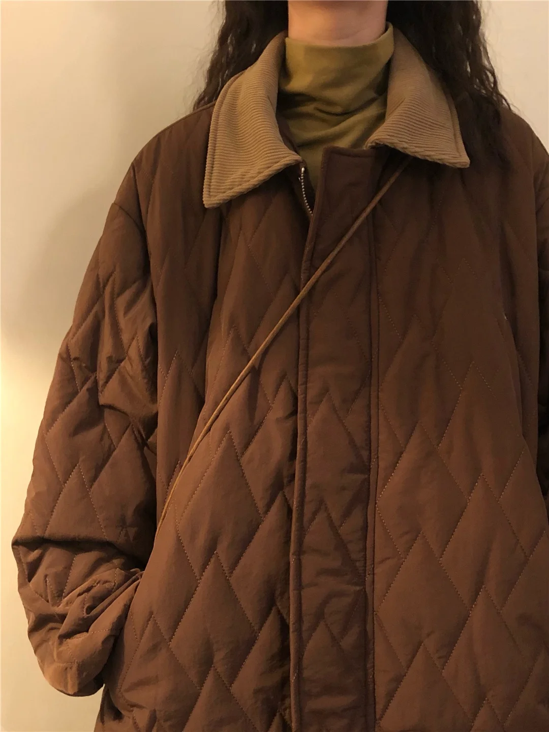 

Caramel Plaid Oversize Jaet Women's Winter Design Thiened Warm Cotton Coat Collar Zipper Long Sve Loose Fit Coat