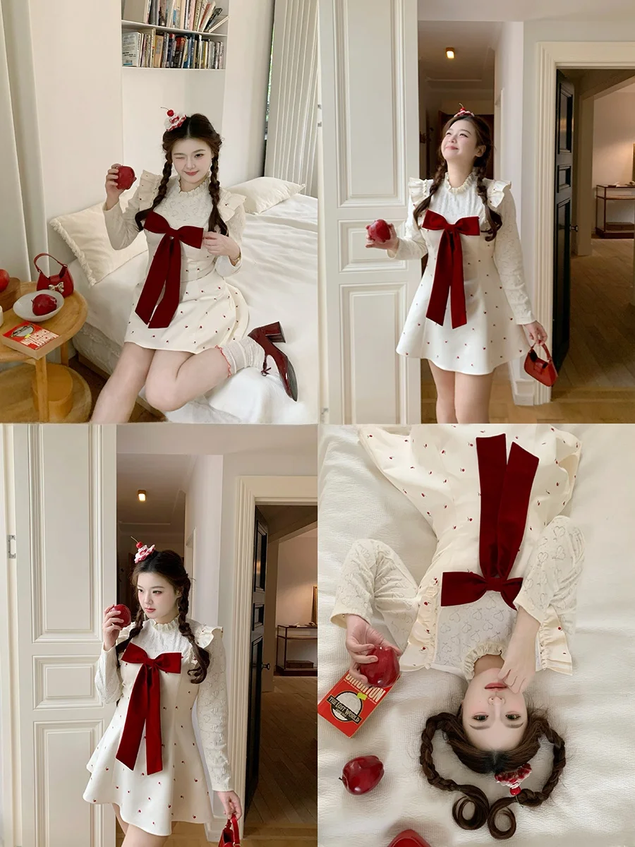 

Sweet Embroidered Knot Flying Sleeve Dress for Plump Girls Casual Wear Winter Long Sleeve Short Skirt Uneven Hem