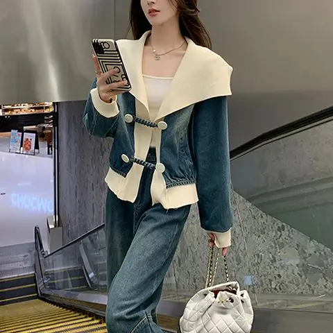 Spring 2025 New Fashion, High-end Temperament Denim Jacket Top Wide-leg Pants Two-piece Set