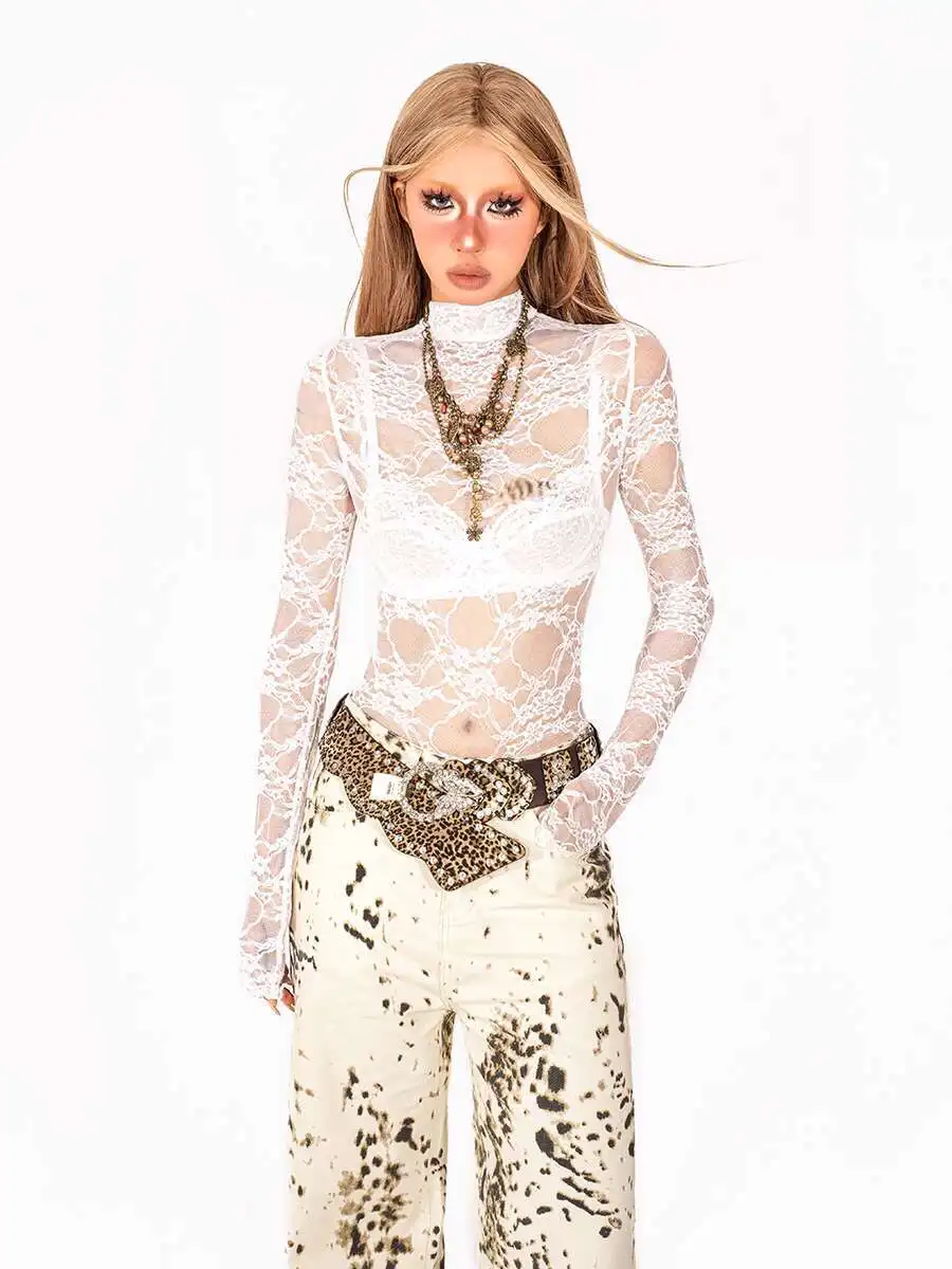 

Arielink, прозрачная кружевная базовая рубашка в американском стиле с внутренним слоем, женский сетчатый топ в стиле джаз для девочек