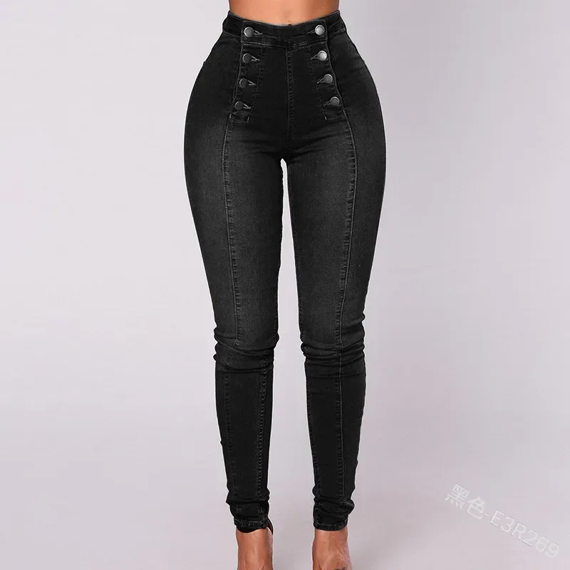 Femmes élégant Vintage Stretch moulante jean mode décontracté Double boutonnage taille haute maigre Denim pantalon pantalon