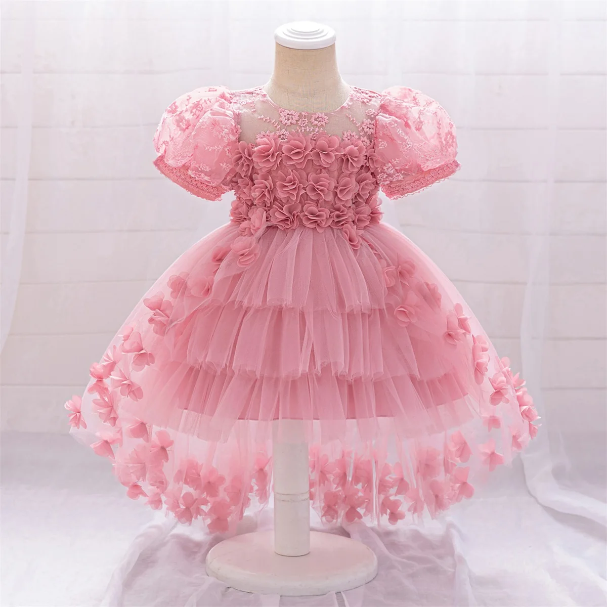 

Elegant Flower Princess Party Baby Girls Dress Puff Sleeve Pink 1st Birthday Wedding Dress for Kids Summer Christening Prom Gown
