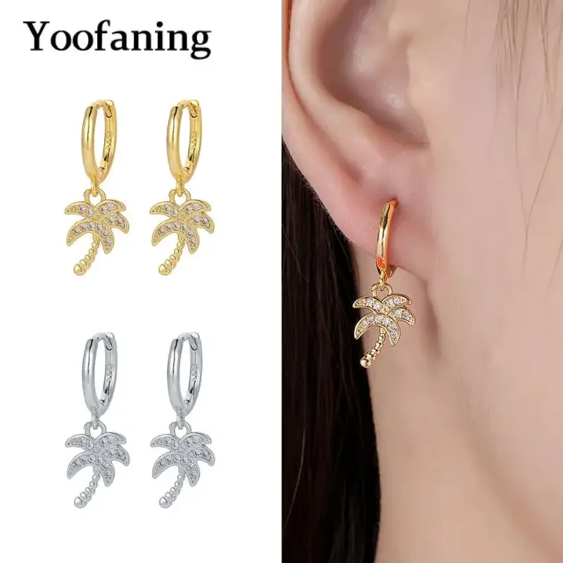 

925 Sterling Silver Needle Exquisite 18K Gold Inlaid Zircon Coconut Tree Earrings for Women Versatile and Cute Summer Earrings