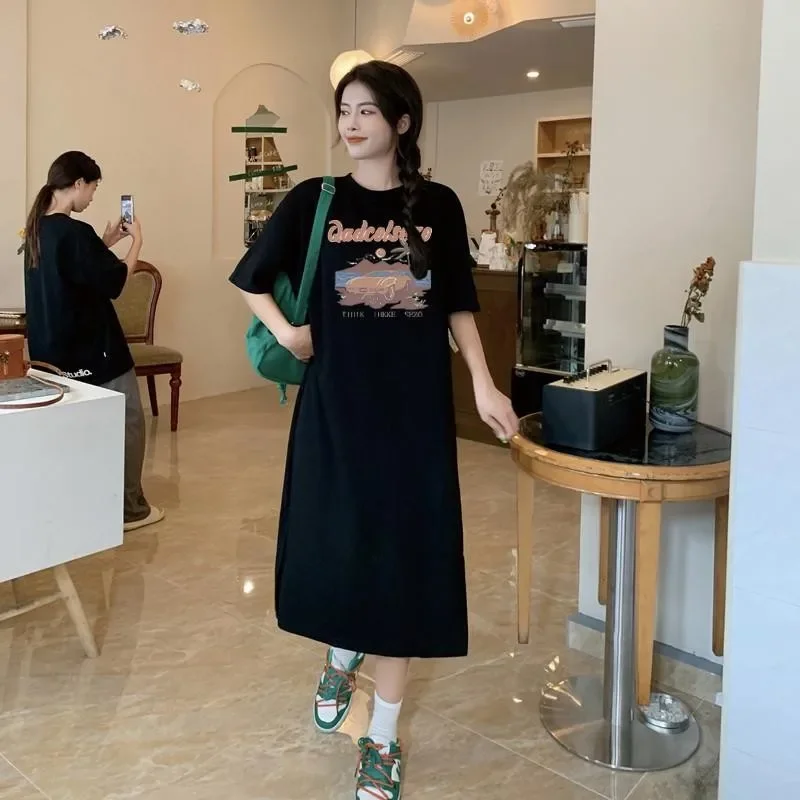 ฤดูใบไม้ผลิและฤดูร้อนสไตล์ยุโรปสไตล์พิมพ์สบายๆสบายๆผู้หญิงขนาดใหญ่แขนสั้นชุดกระโปรงยาว