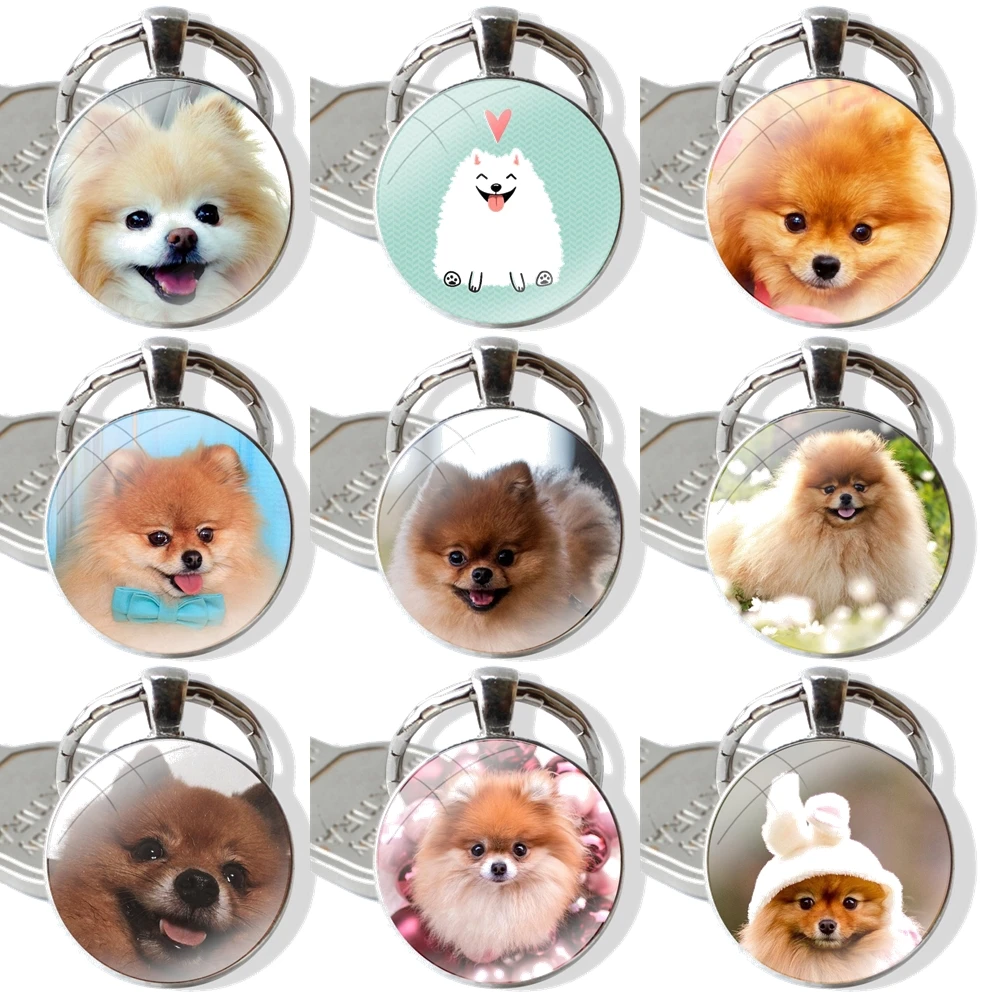 Pomeranian dogs dog Keychain Handmade Glass Cabochon Key Ring Holder Pendant Key Chains