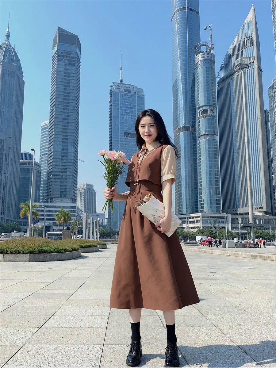 Women'S Casual And Day Dresses Preppy Style Khaki Mid-Calf Lace Flounce Ruffles Bow Tie-Up Drawstring Soft Vintage Boho Romantic