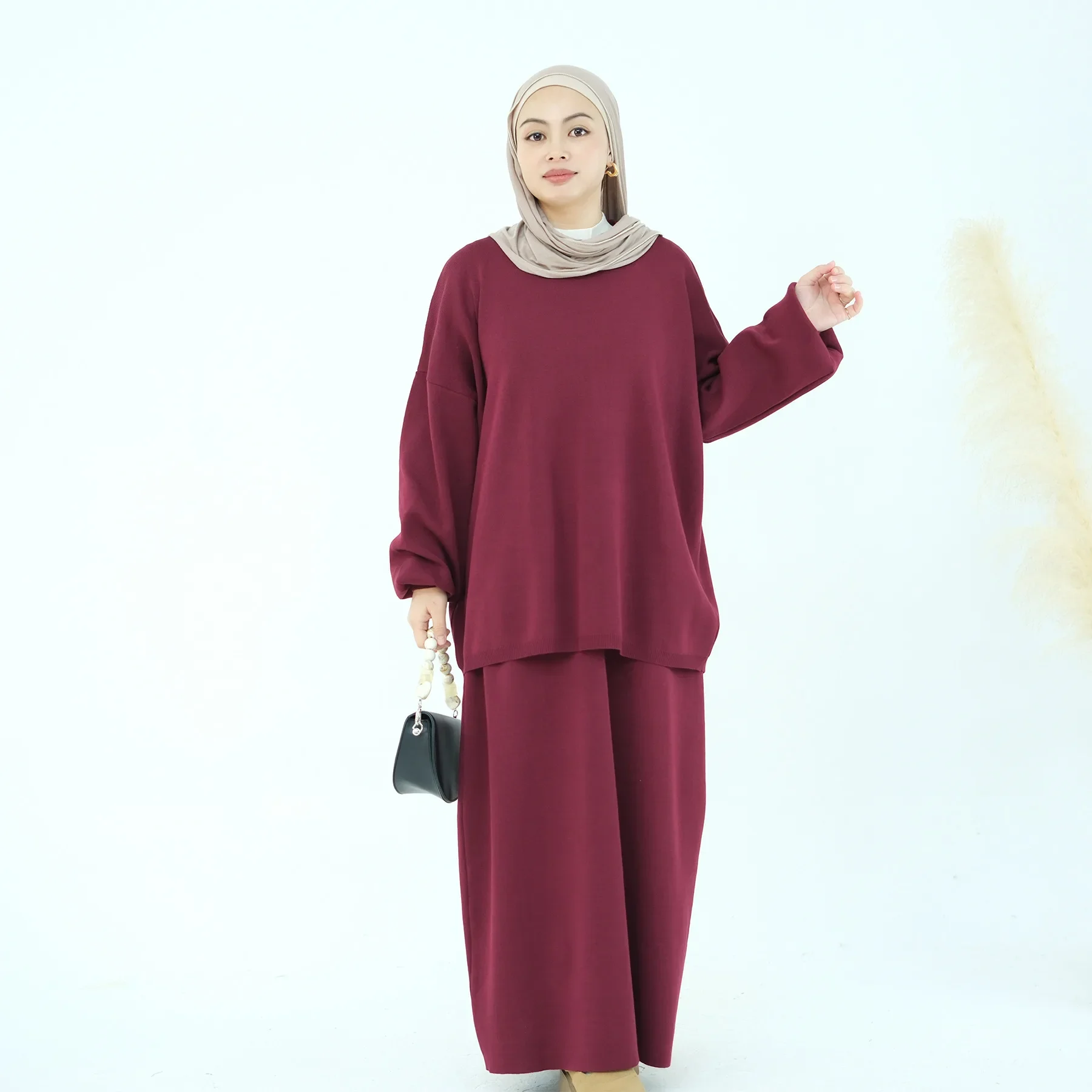 

Eid Muslim 2 Piece Set Dress Women Knitted Long Sleeve Sweater Tops and Skirt Ramadan Morocco Dubai Abaya Kaftan Islam Outfits