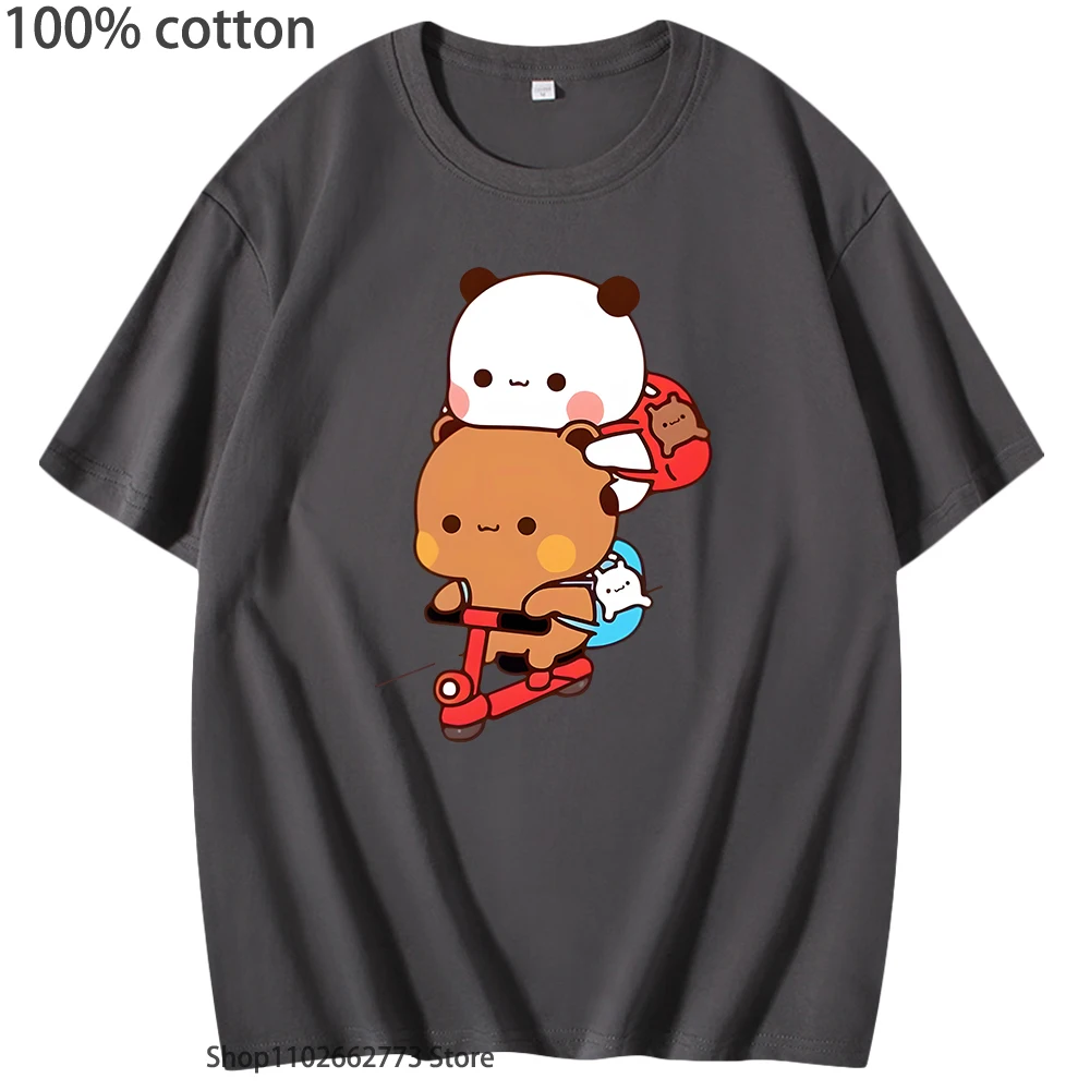 Panda and Brownie Bear Couple Bike Riding T-Shirts Bubu and Dudu Print Shirt Kawaii Cute Women Tops 100%Cotton Tees Short Sleeve