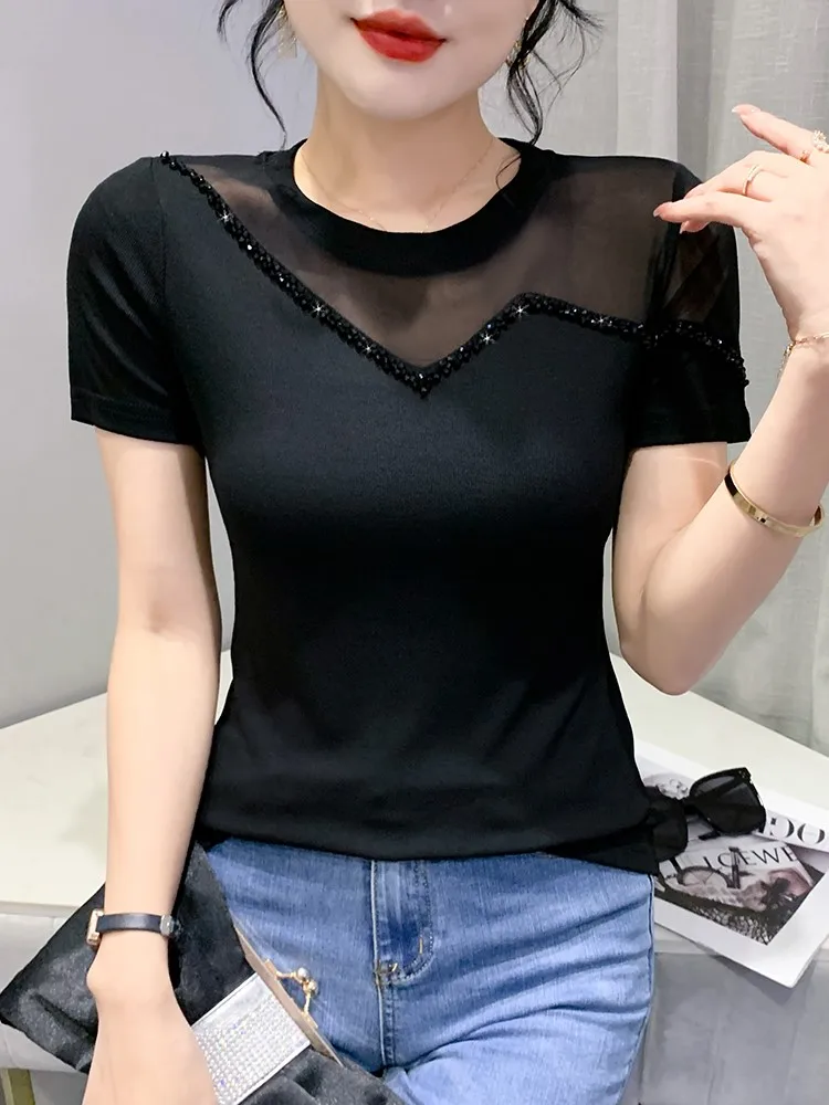 Splice Heavy Embelliment Me ort Sve T-shirt frauen Sommer Faion Design Abnehmen Sexy Top Koreanische Sle runde Ne
