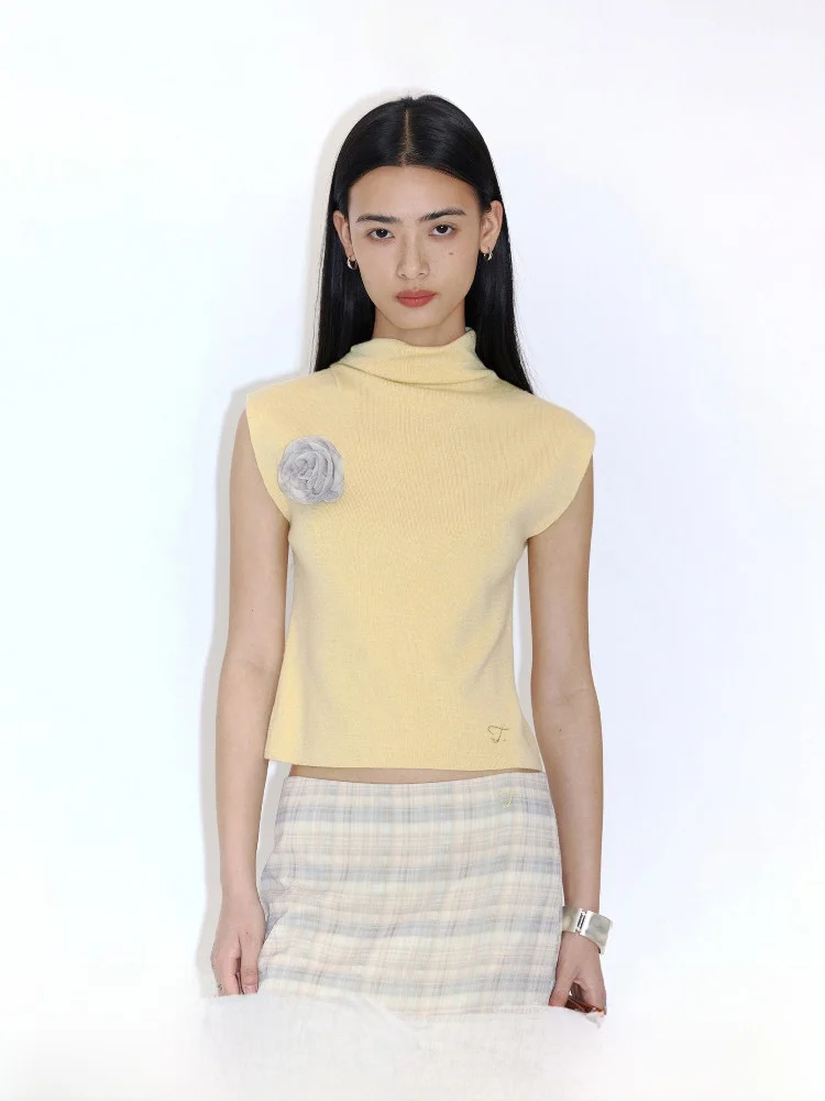 

TearOcean Knitted ort Yellow Vest Women's Slim Fit f High Collar Svel Top Summer Faion Commute Sle Embroidery