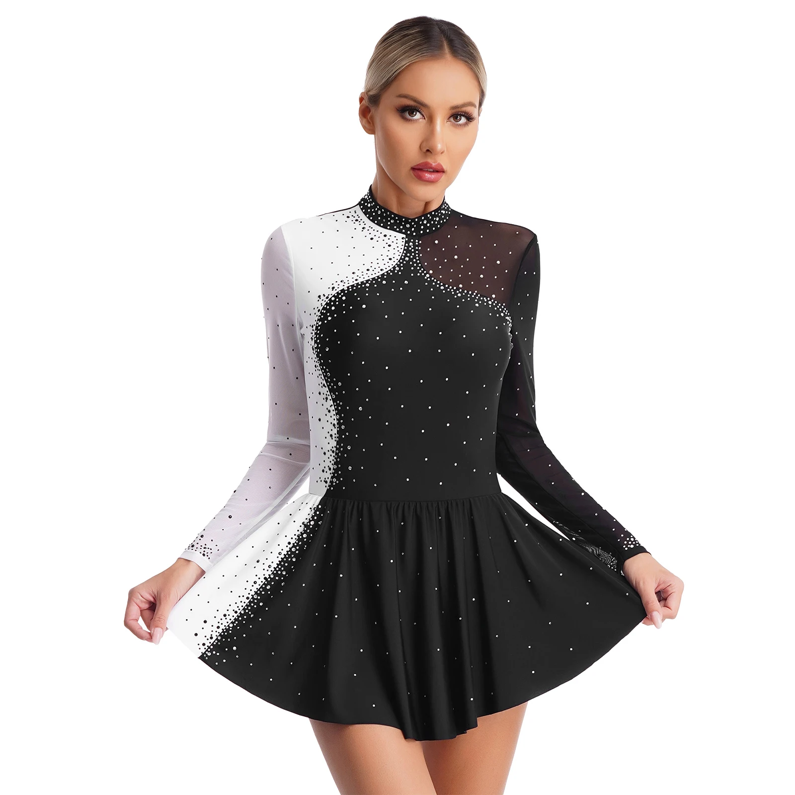 Womens Long Sleeve Figure Skating Dress Shiny Rhinestone Ballet Skirted Leotard Dresses Gymnastics Dance Leotard Dress