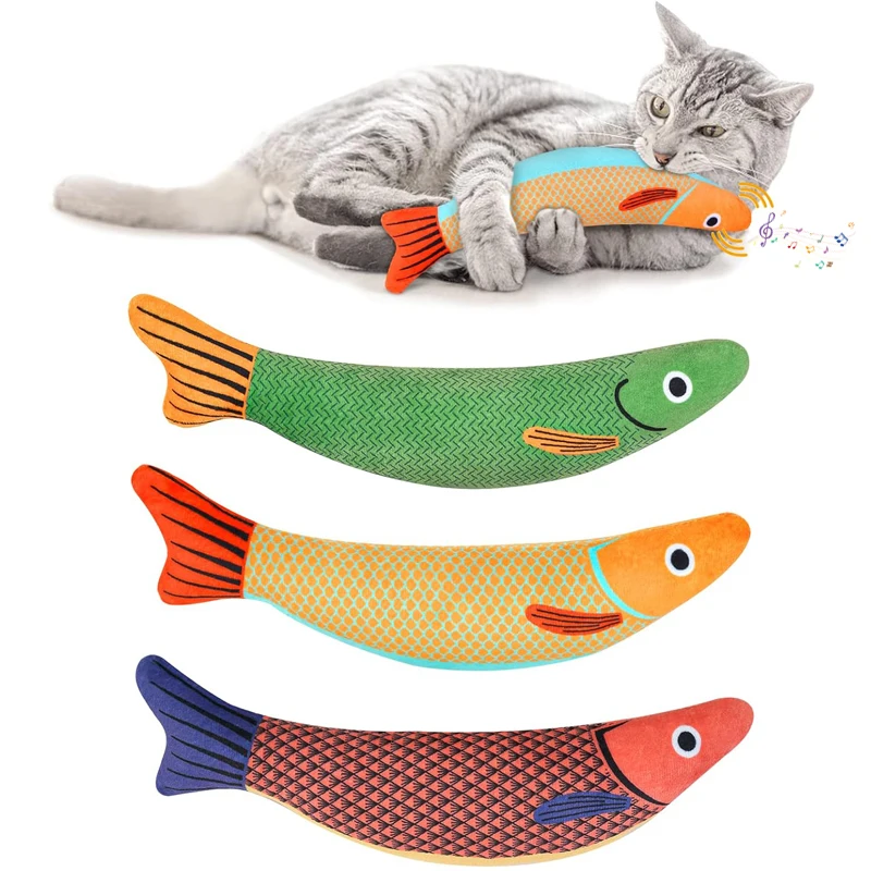 Juguete interactivo de hierba gatera para gato, pez de peluche de simulación 3D, pez dorado, gatito, almohada, sonido, masticar, morder, suministros para gatos