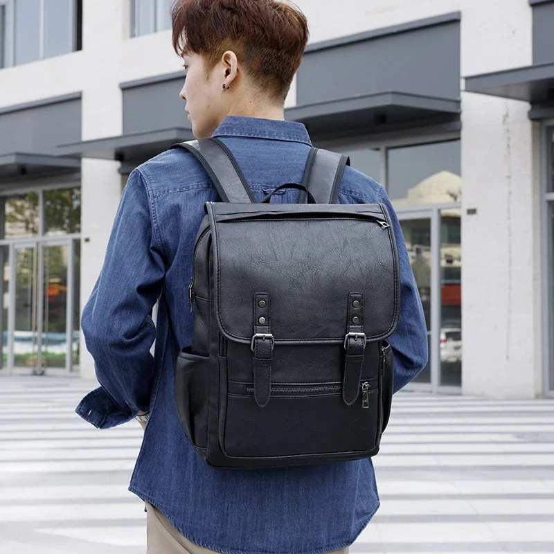 Large Capacity Vintage men\'s bag Teenage Backpacks PU Leather Fashion Schoolbag Man Multifunctional Backpack Men Zipper Designer