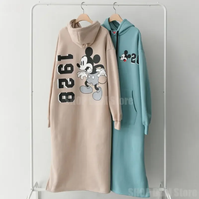 Disney Mickey Mouse Spring Autumn Sweatshirt Long-Sleeved Dress Woman Clothing Hooded Collar Pocket Simple Lady Dress Sweatshirt