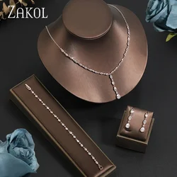 ZAKOL Brilliant Crystal Zirconia Earrings Necklace Bracelets 3pcs Jewelry Set For Women Wedding Dress Accessaries FSSP412