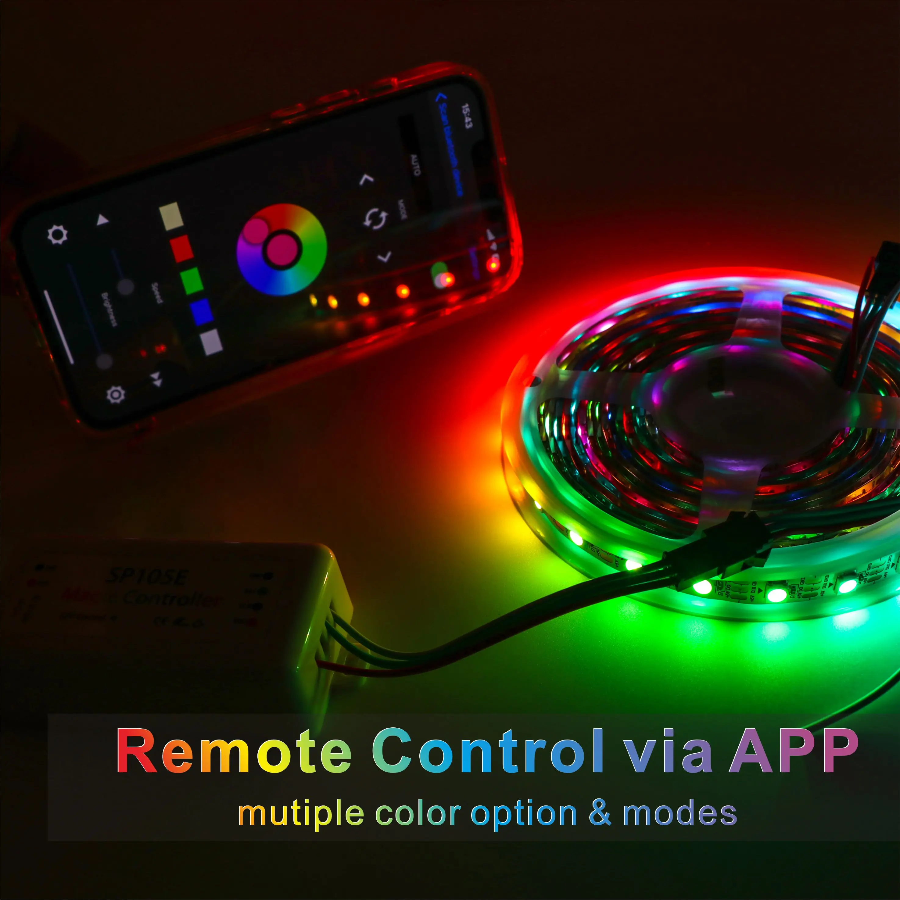 Color-changing LED strip light with an APP and Bluetooth-enabled SP105E smart controller, a dazzling ambient light.