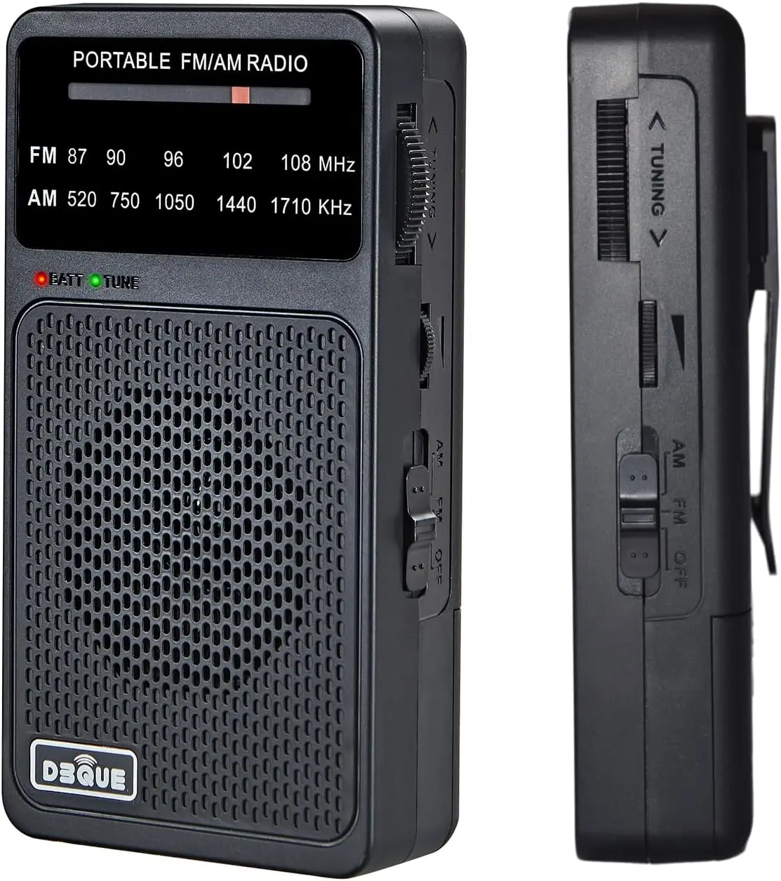 

Portable FM AM Radio, Battery Operated with Tuning Light, Back Clip, Excellent Reception, Transistor Radios (Black)
