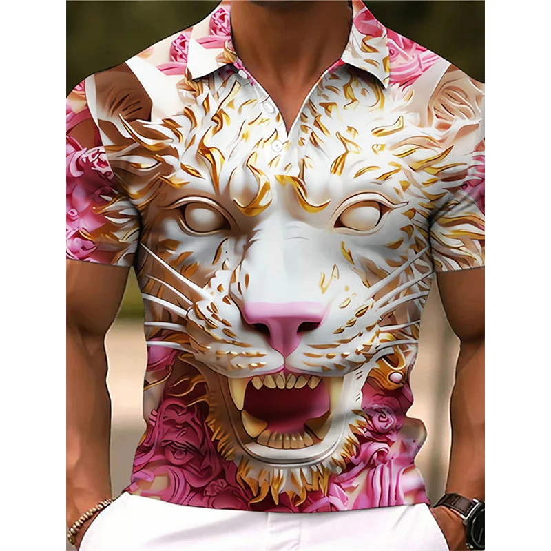 3D tisk živočich lev grafické ležérní polo košile pro muži outdoorové denně nést krátký rukáv tričko košile pánská nadrozměrné tshirts