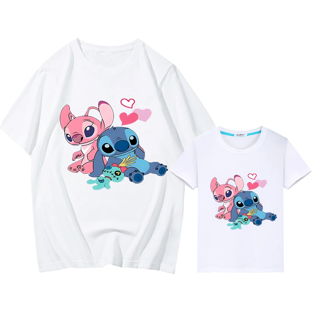 

Stitch Disney mom and daughter matching clothes t shirt for kids boy girl Men women Kawaii Print 100%Cotton Short anime Tops y2k