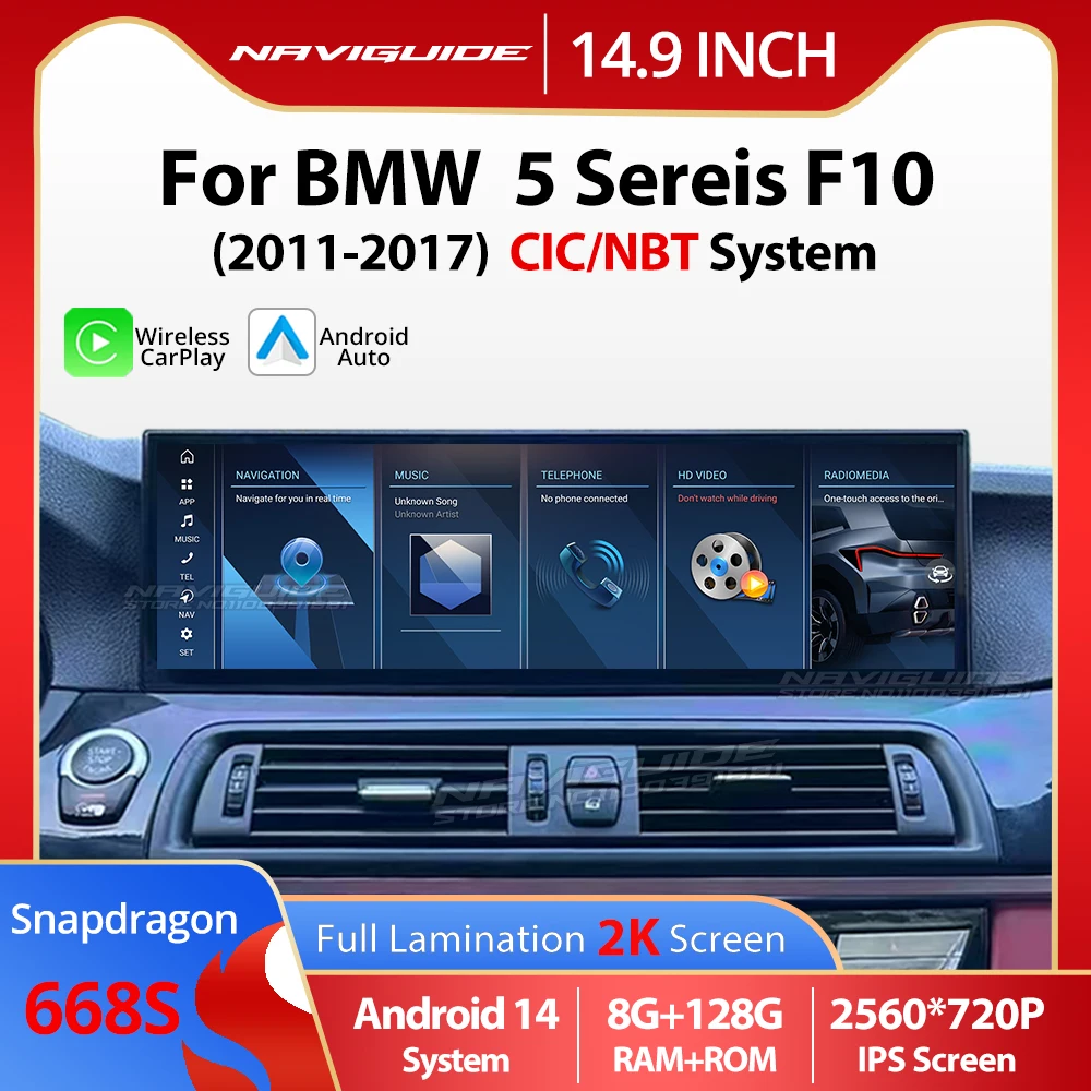 

NAVIGUIDE 14.9'' Android 14 Carplay Car Multimedia Player For BMW 5 Series F10 LHD 2011-2017 CIC NBT GPS Navi Wireless Auto HU