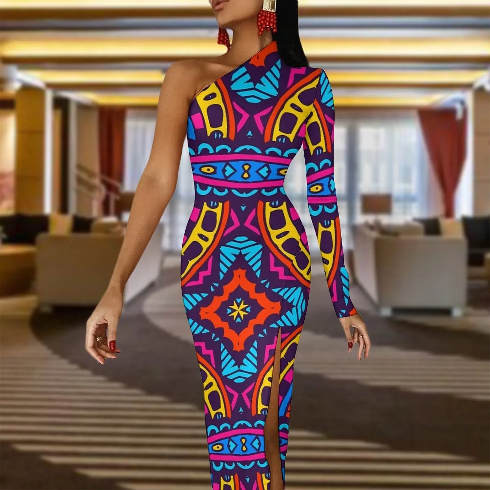 Tribal Print Bodycon Dress Autumn Aztec Tribal Boho Style Modern High Slit Long Dresses Long Sleeve Custom Aesthetic Dress