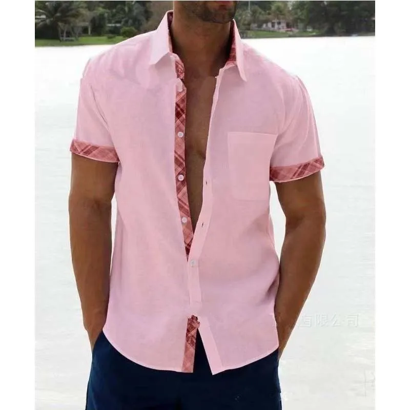 

Summer Casual Men's Cardigan Short Sleeve Fashion Polo Neck Plaid Shirts For Men Fashion Tops Tee Blouse