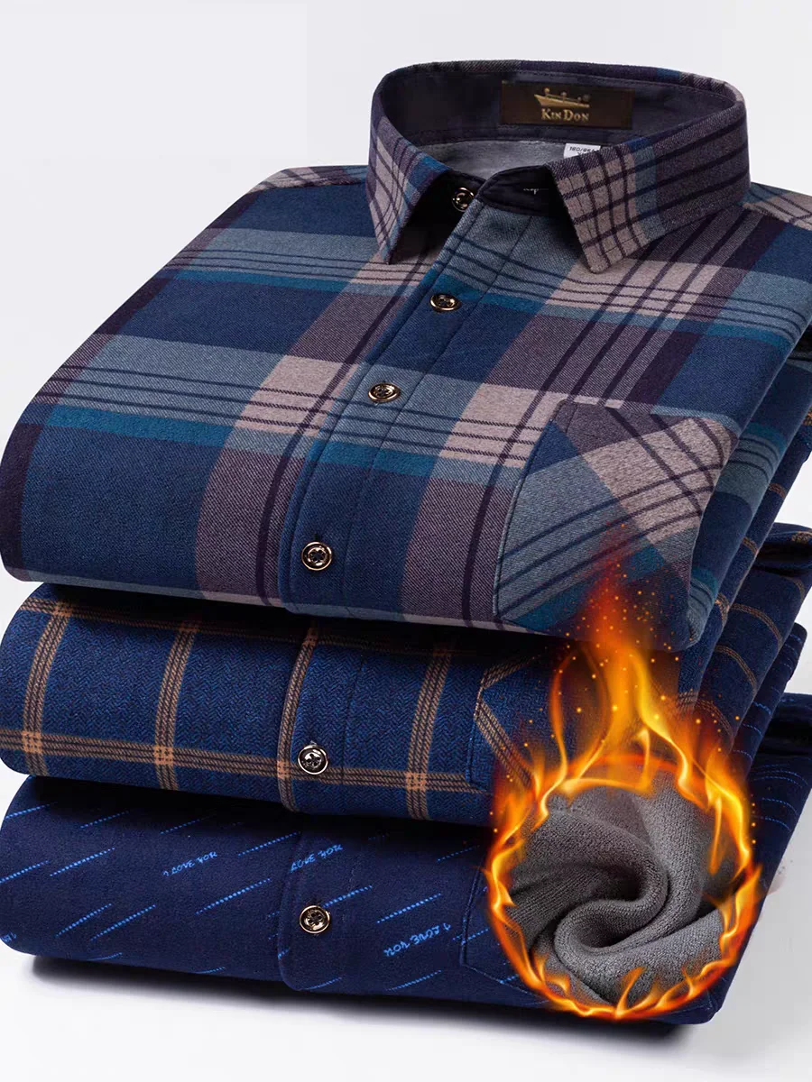 2024 Men's Plus Size Fleece Thick Winter Middle-aged Man's Top Long Sleeve Casual Plaid Warm Shirt Gift For Dad's Business Shirt