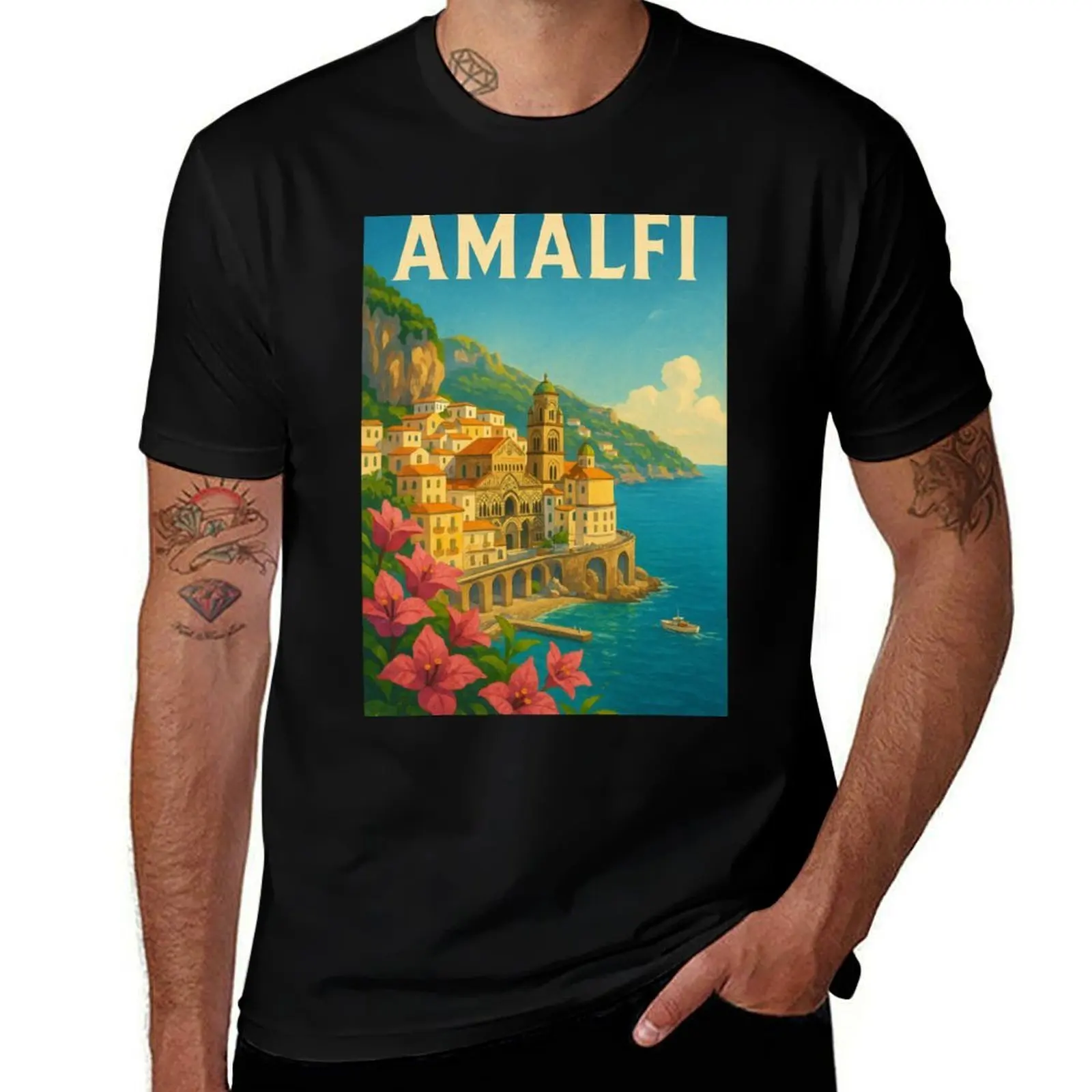 Футболка Amalfi Coast Duomo with Bougainvillea and Cliffside Homes, рубашка на заказ, винтажная футболка с рисунком, мужская футболка, мужская футболка