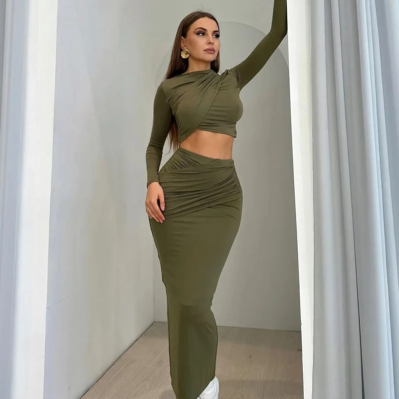 SsTss Sexy Two Pieces Set for Women Spring Summer Solid Ruched Long Sleeve Crop Top and High Waist Long Bodycon Skirt Suits