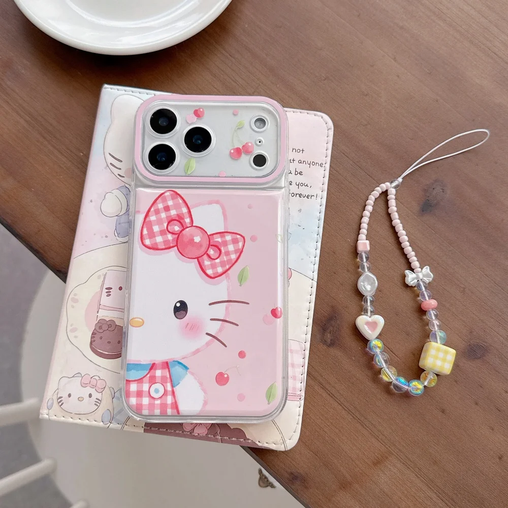 Luxury Hello Kitty Red Plaid Bow Cherry Phone Case For iPhone 15 16 17 Pro Max With Matching Beaded Chain Girly Protective Cover