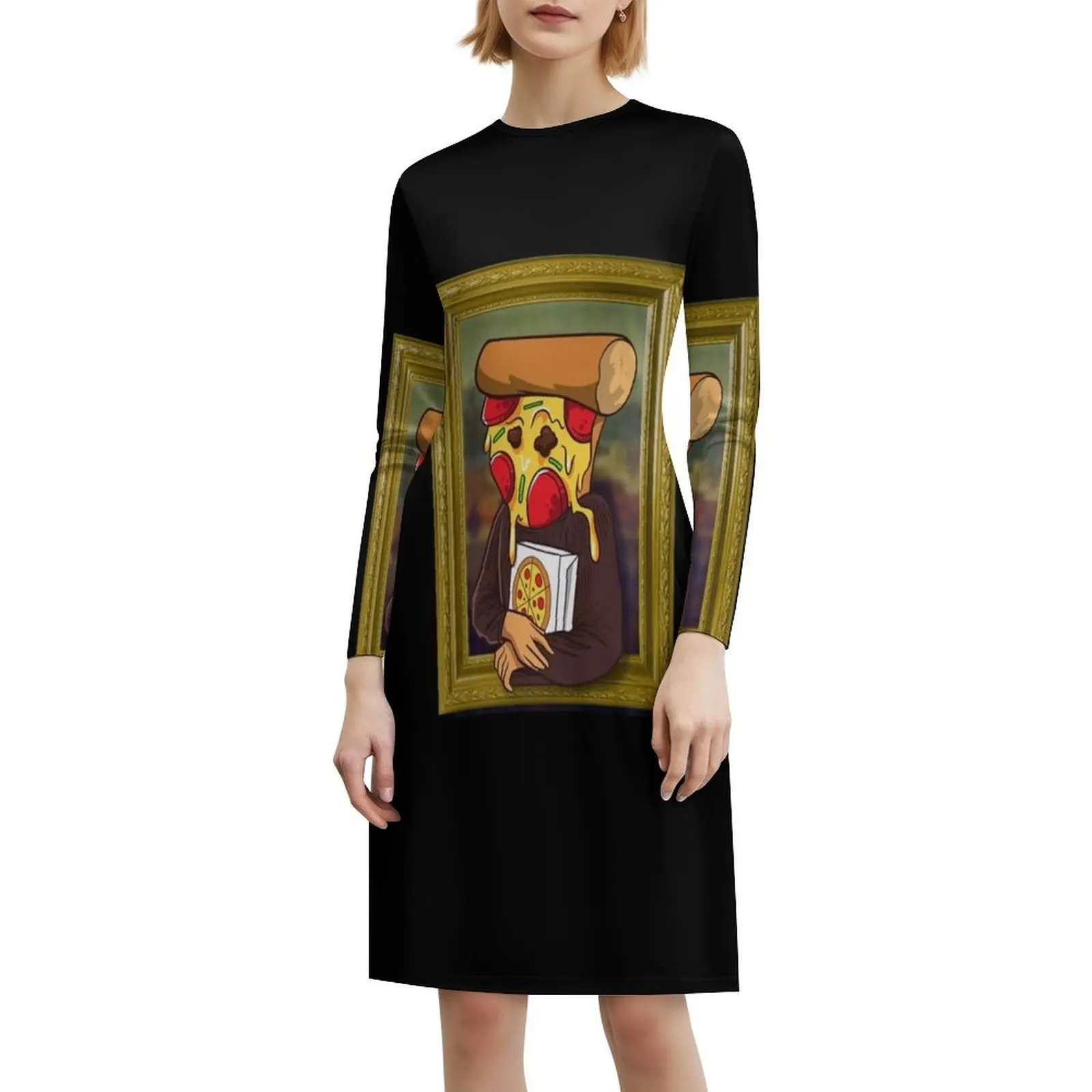 فستان البيتزا الموناليزا المضحك للفنان ومروحة البيتزا فستان سموك مزين بالزهور للنساء للربيع والصيف فستان كاجوال لمحبي البيتزا للحفلات #6