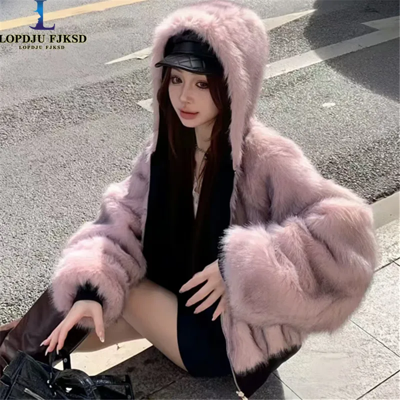 Faux Fur Coat for Women,Double-Sided Hooded Jacket,Overcoat,Female Clothes,Spliced,Vintage,New,Winter,2024